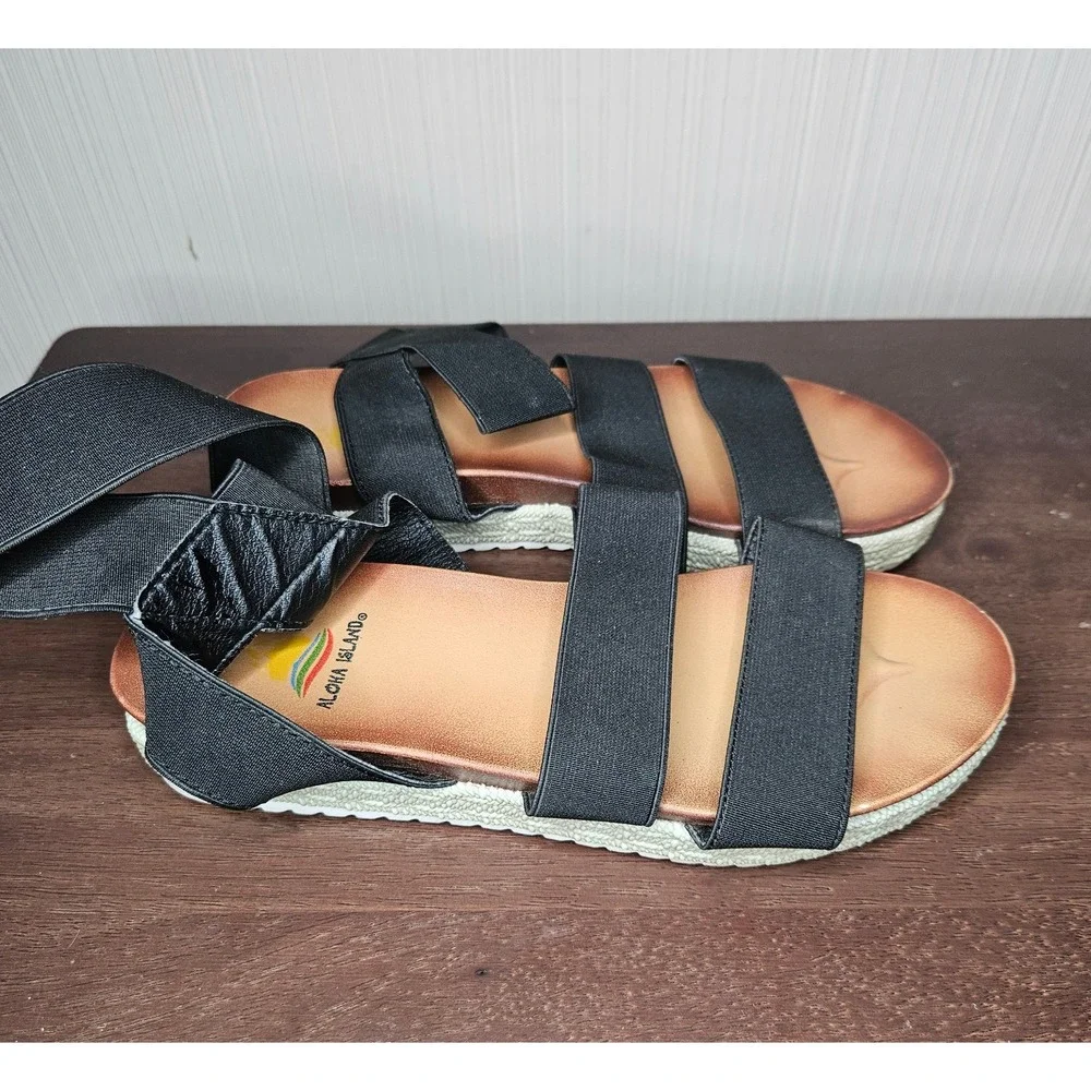 Aloha Island Sandals Women 4M Black Elastic Strappy Platform Espadrille Comfort